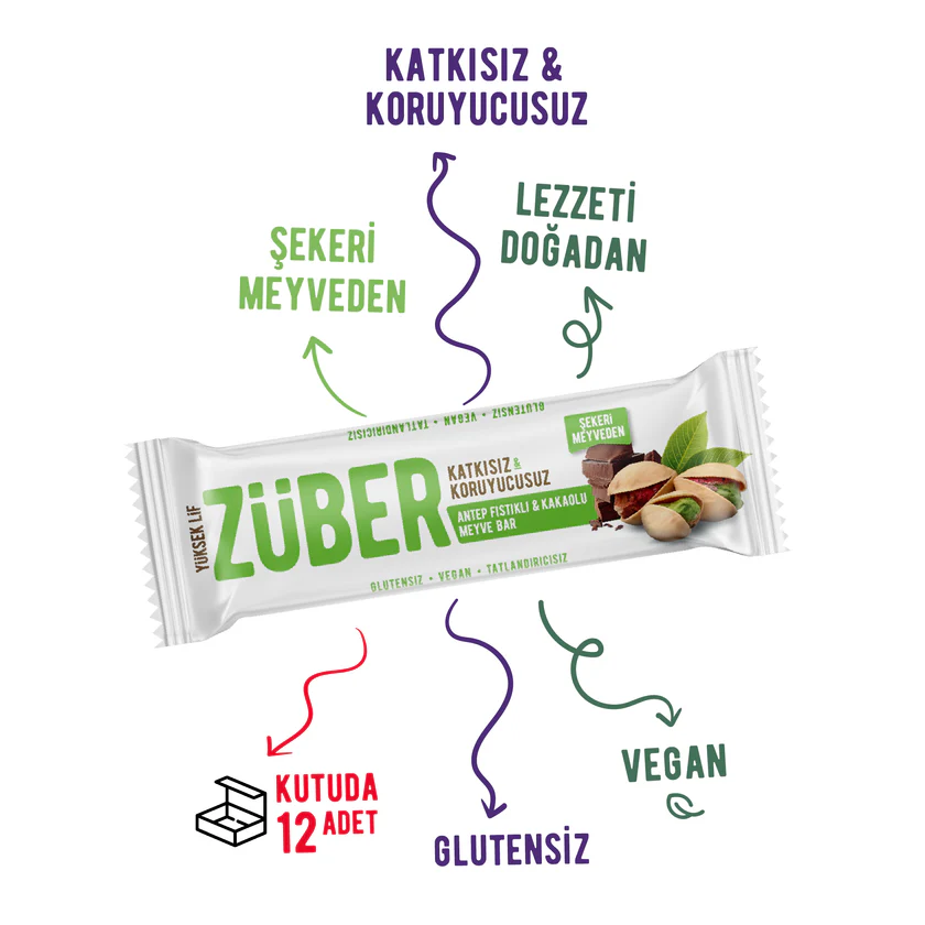 Züber Antep Fıstıklı ve Kakaolu Meyve Bar 40gr (glutensiz, vegan)